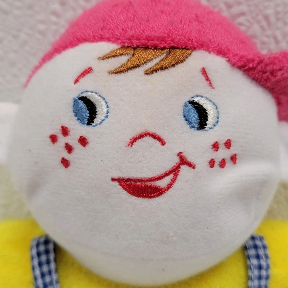 Terrycloth Boy Baby Doll Freckles Plush Rattle Yellow Pink Hat Blue Overalls